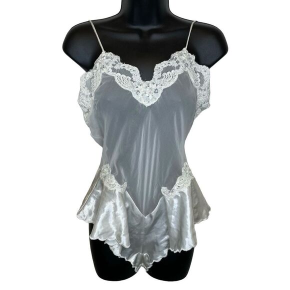 Vintage Etienne Bodysuit Sheer Lingerie Ivory White Flouncy Waist Size Small - Picture 1 of 15